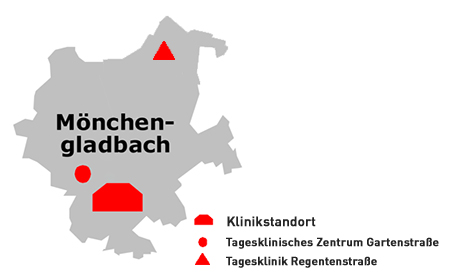 Karte mit den Standorten der LVR-Klinik Mönchengladbach, des Tagesklinischen Zentrums Gartenstraße sowie der Tagesklinik Regentenstraße