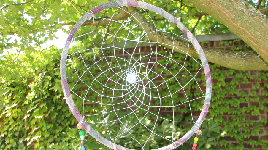 Ein bunter Traumfänger hängt in einem Baum
